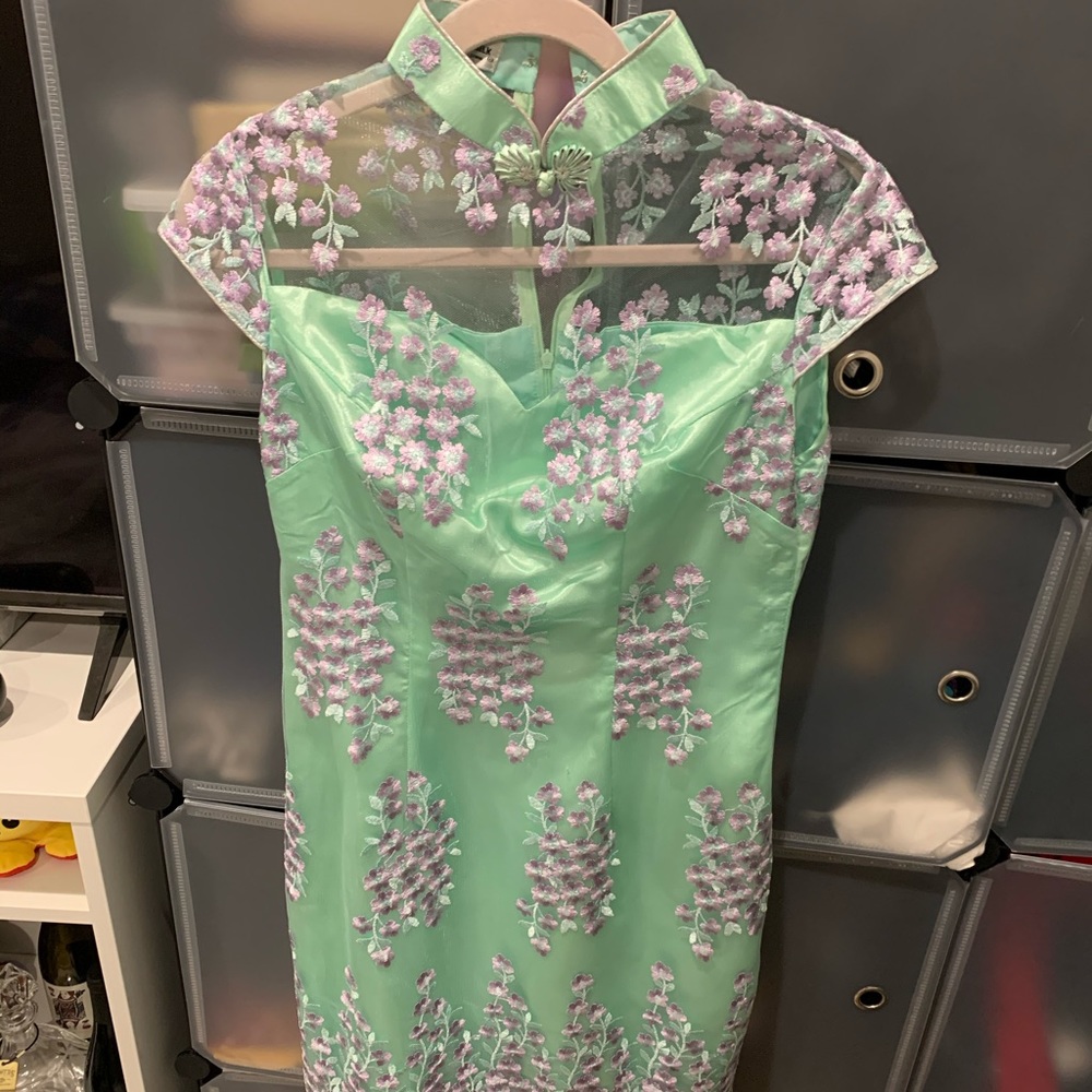 Custom Chinese Qipao, teal and purple embroidery